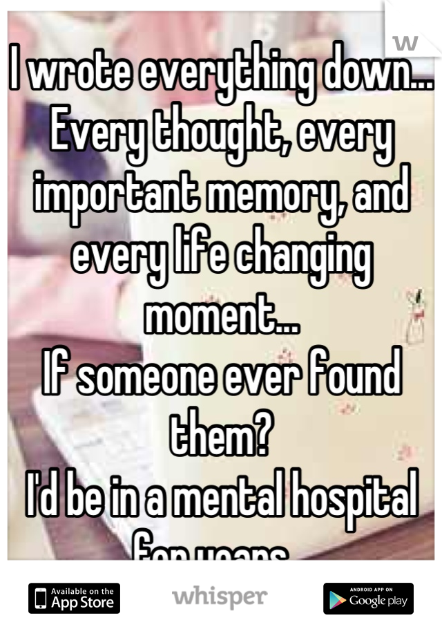 I wrote everything down...
Every thought, every important memory, and every life changing moment...
If someone ever found them?
I'd be in a mental hospital for years...
