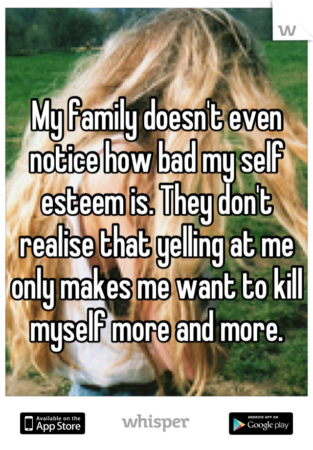My family doesn't even notice how bad my self esteem is. They don't realise that yelling at me only makes me want to kill myself more and more.