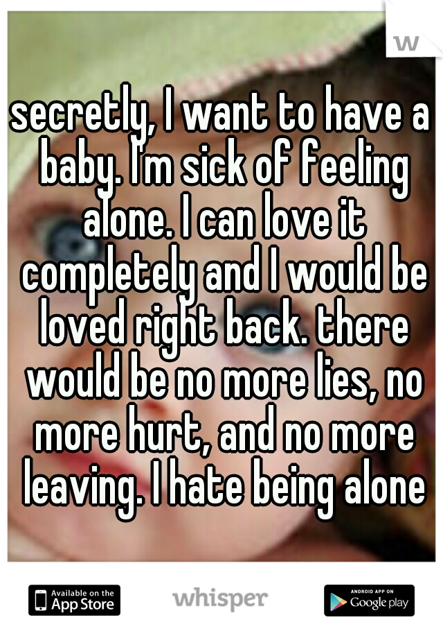 secretly, I want to have a baby. I'm sick of feeling alone. I can love it completely and I would be loved right back. there would be no more lies, no more hurt, and no more leaving. I hate being alone