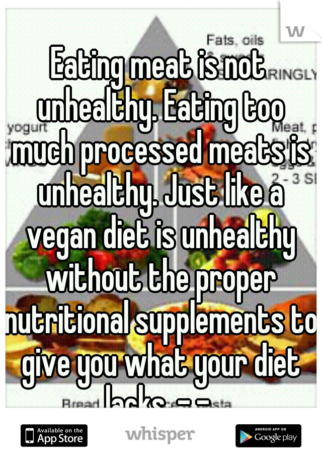 Eating meat is not unhealthy. Eating too much processed meats is unhealthy. Just like a vegan diet is unhealthy without the proper nutritional supplements to give you what your diet lacks. -.- 