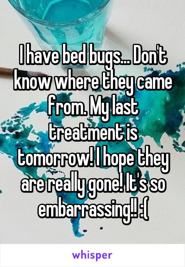 I have bed bugs... Don't know where they came from. My last treatment is tomorrow! I hope they are really gone! It's so embarrassing!! :(