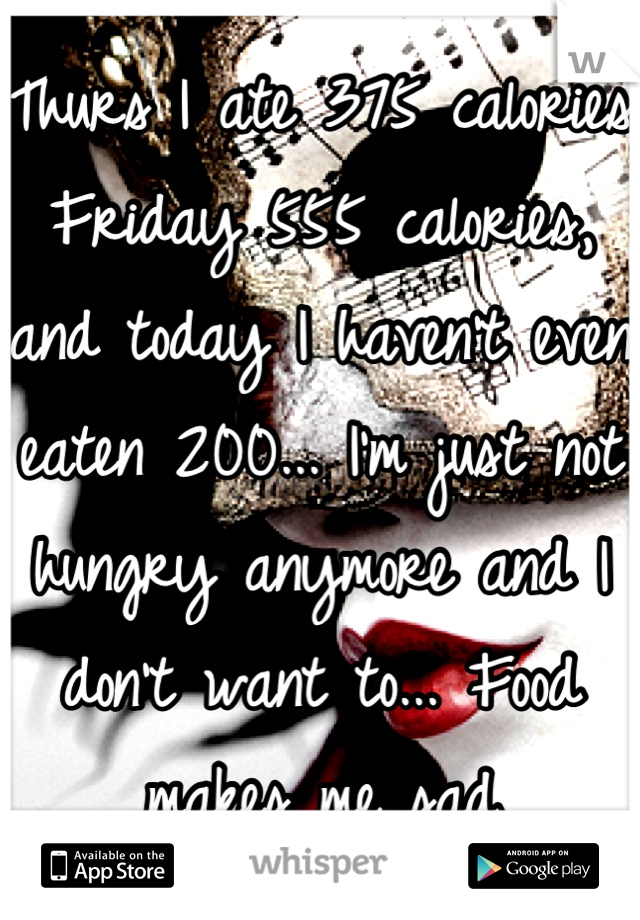 Thurs I ate 375 calories Friday 555 calories, and today I haven't even eaten 200... I'm just not hungry anymore and I don't want to... Food makes me sad