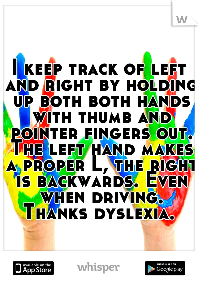 I keep track of left and right by holding up both both hands with thumb and pointer fingers out. The left hand makes a proper L, the right is backwards. Even when driving. Thanks dyslexia. 