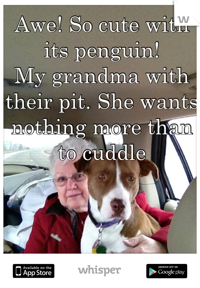 Awe! So cute with its penguin!
My grandma with their pit. She wants nothing more than to cuddle