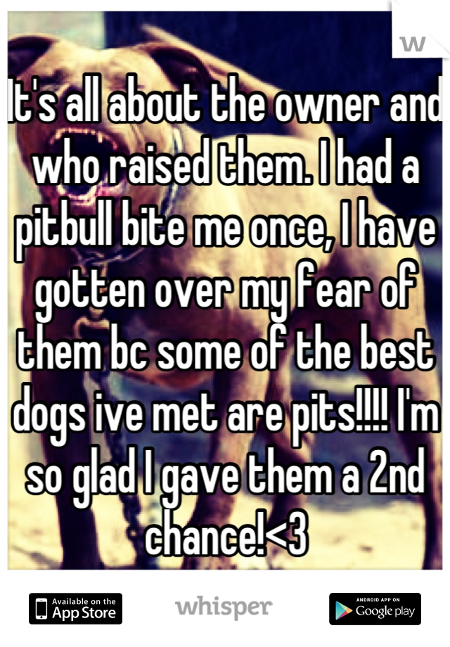 It's all about the owner and who raised them. I had a pitbull bite me once, I have gotten over my fear of them bc some of the best dogs ive met are pits!!!! I'm so glad I gave them a 2nd chance!<3