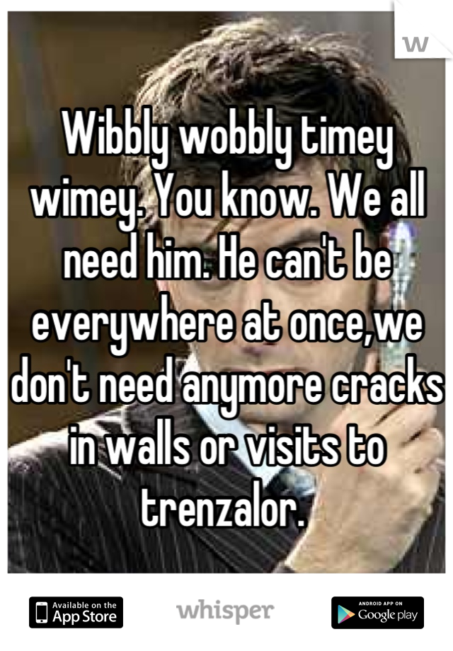 Wibbly wobbly timey wimey. You know. We all need him. He can't be everywhere at once,we don't need anymore cracks in walls or visits to trenzalor. 