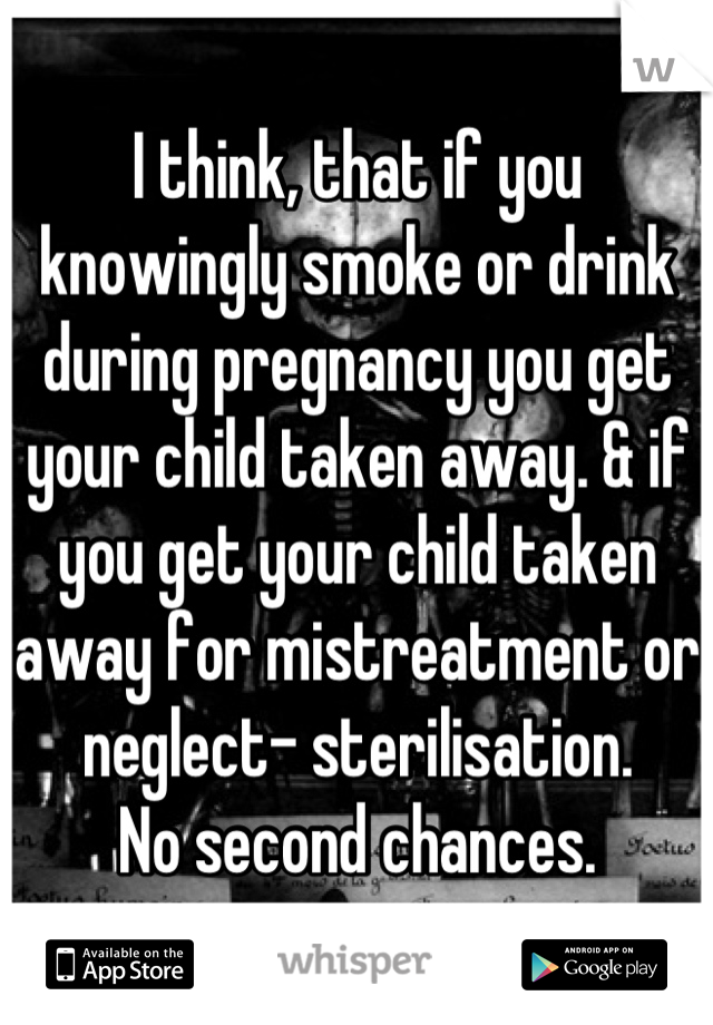 I think, that if you knowingly smoke or drink during pregnancy you get your child taken away. & if you get your child taken away for mistreatment or neglect- sterilisation.
No second chances.