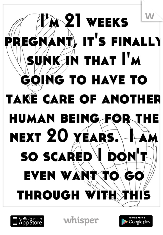 I'm 21 weeks pregnant, it's finally sunk in that I'm going to have to take care of another human being for the next 20 years.  I am so scared I don't even want to go through with this anymore. 