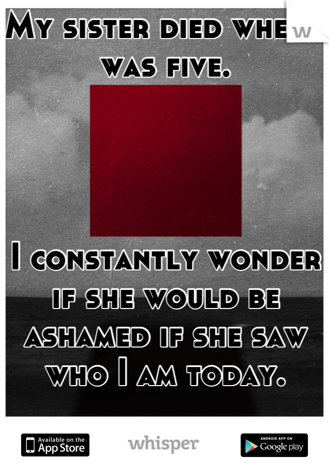 My sister died when I was five.




I constantly wonder if she would be ashamed if she saw who I am today.