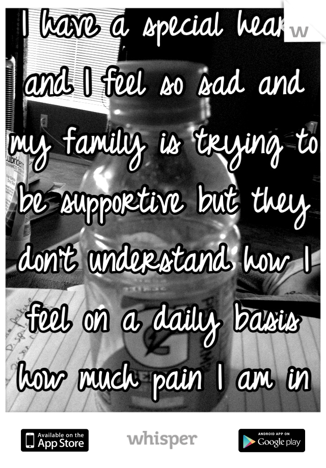I have a special heart and I feel so sad and my family is trying to be supportive but they don't understand how I feel on a daily basis how much pain I am in everyday. I wish I could get better :(