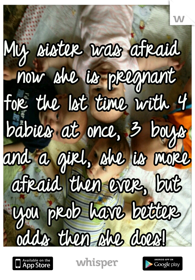 My sister was afraid now she is pregnant for the 1st time with 4 babies at once, 3 boys and a girl, she is more afraid then ever, but you prob have better odds then she does! 