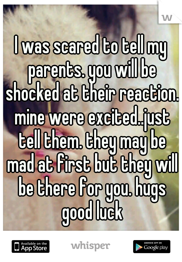 I was scared to tell my parents. you will be shocked at their reaction. mine were excited..just tell them. they may be mad at first but they will be there for you. hugs good luck