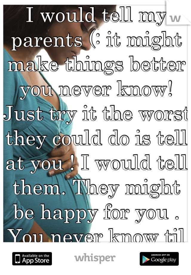I would tell my parents (: it might make things better you never know! Just try it the worst they could do is tell at you ! I would tell them. They might be happy for you . You never know til you try.