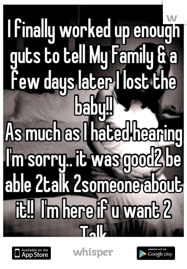 I finally worked up enough guts to tell My Family & a few days later I lost the baby!! 
As much as I hated hearing I'm sorry.. it was good2 be able 2talk 2someone about it!!  I'm here if u want 2 
Talk