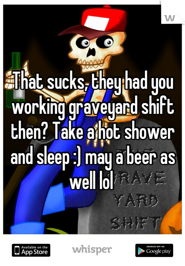 That sucks, they had you working graveyard shift then? Take a hot shower and sleep :) may a beer as well lol 