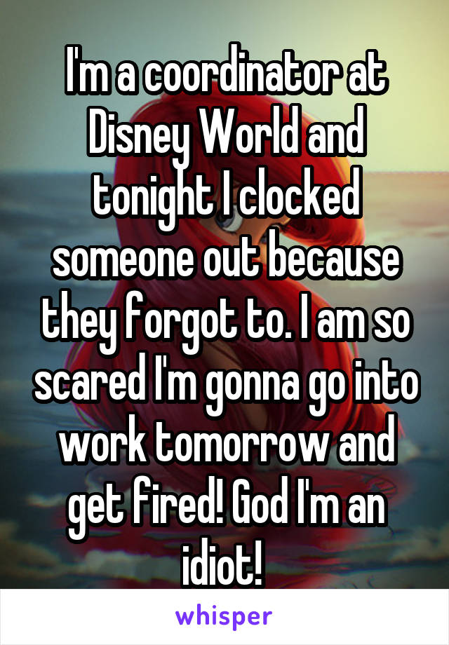 I'm a coordinator at Disney World and tonight I clocked someone out because they forgot to. I am so scared I'm gonna go into work tomorrow and get fired! God I'm an idiot! 