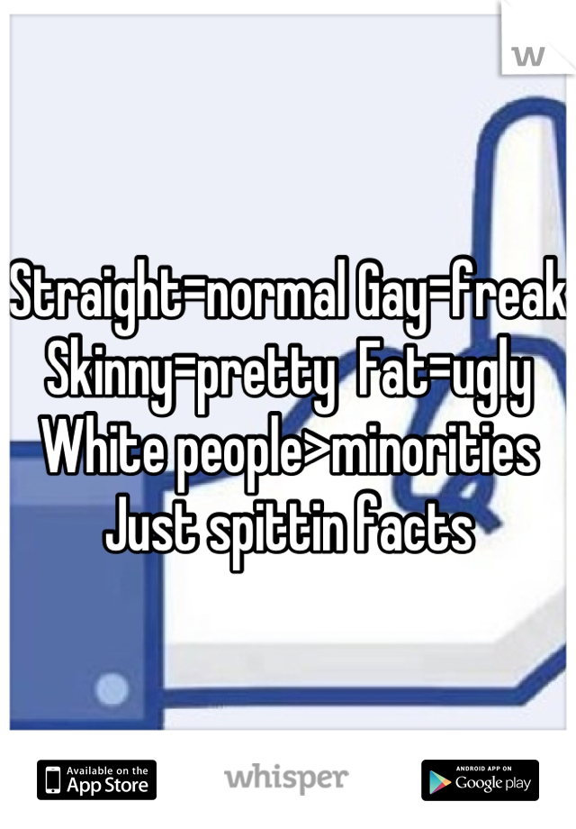 Straight=normal Gay=freak
Skinny=pretty  Fat=ugly
White people>minorities 
Just spittin facts