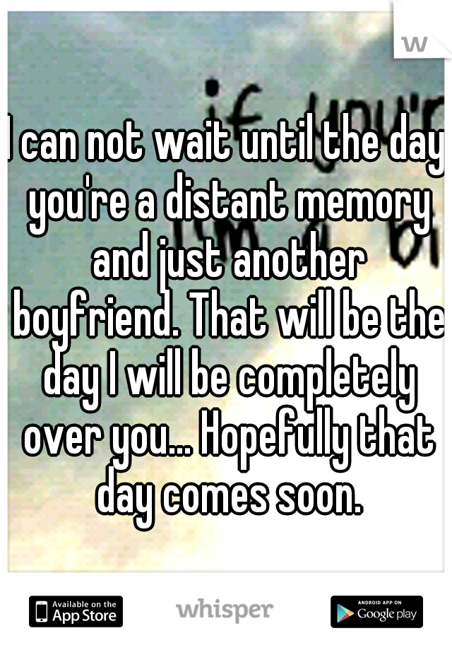 I can not wait until the day you're a distant memory and just another boyfriend. That will be the day I will be completely over you... Hopefully that day comes soon.