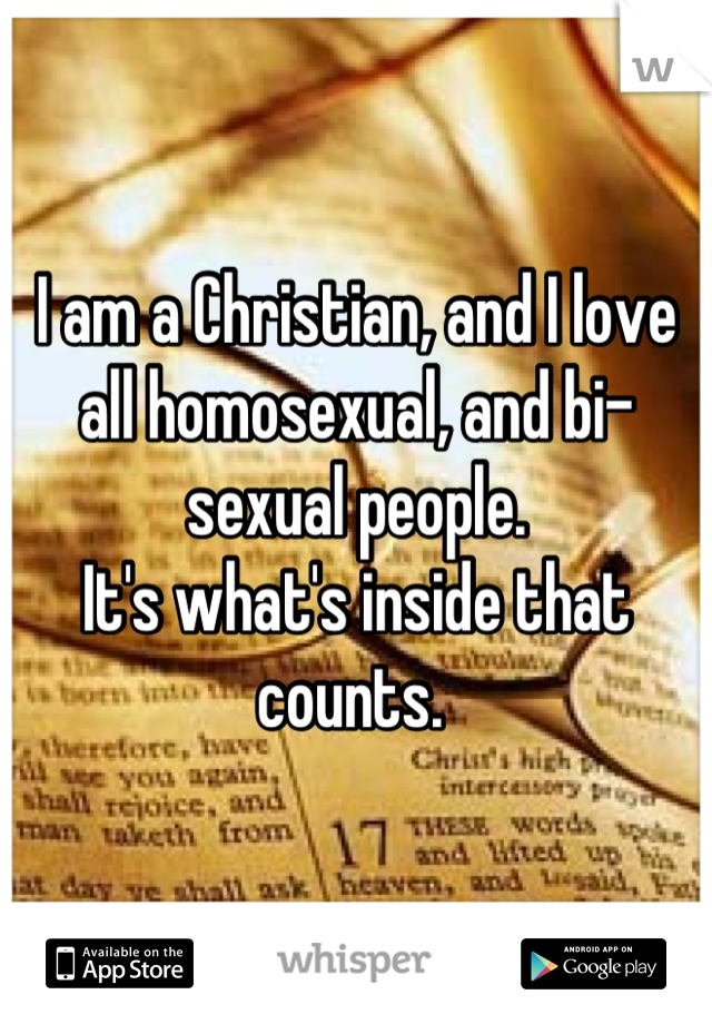 I am a Christian, and I love all homosexual, and bi-sexual people. 
It's what's inside that counts. 