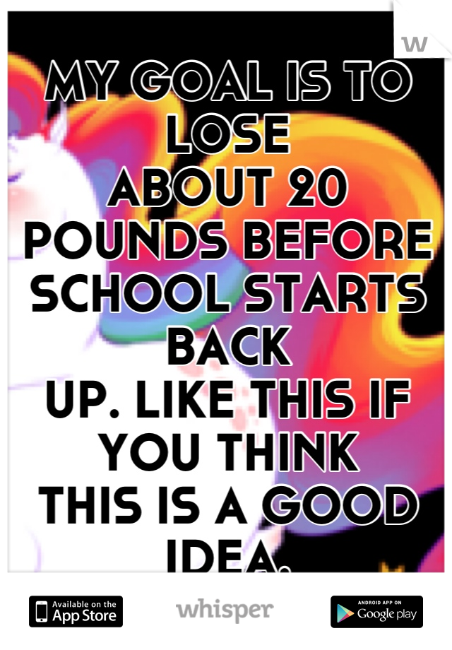 MY GOAL IS TO LOSE
ABOUT 20 POUNDS BEFORE
SCHOOL STARTS BACK 
UP. LIKE THIS IF YOU THINK
THIS IS A GOOD IDEA.