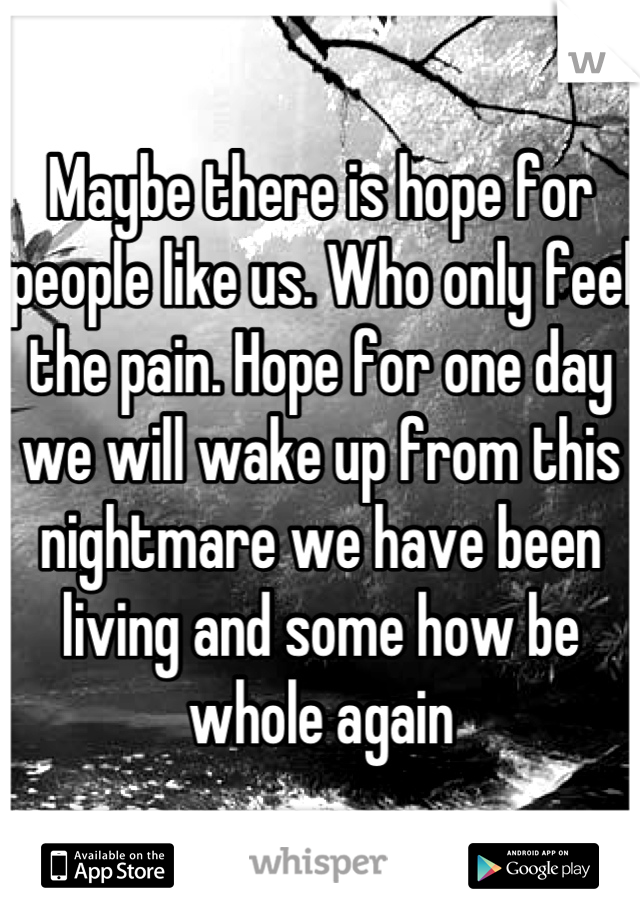 Maybe there is hope for people like us. Who only feel the pain. Hope for one day we will wake up from this nightmare we have been living and some how be whole again