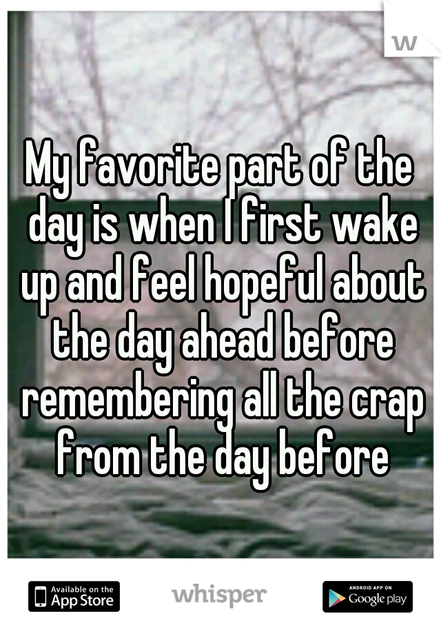 My favorite part of the day is when I first wake up and feel hopeful about the day ahead before remembering all the crap from the day before