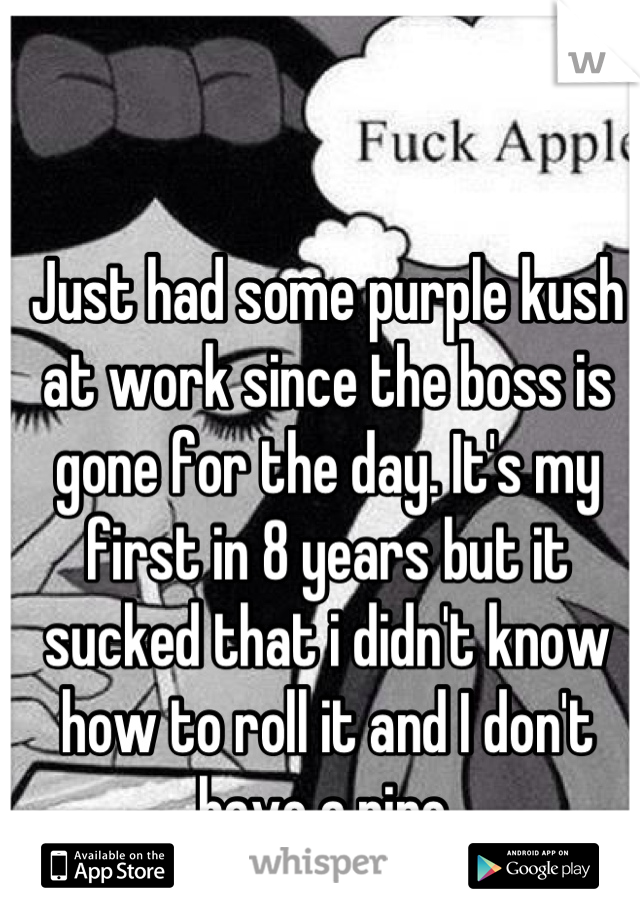 Just had some purple kush at work since the boss is gone for the day. It's my first in 8 years but it sucked that i didn't know how to roll it and I don't have a pipe.
