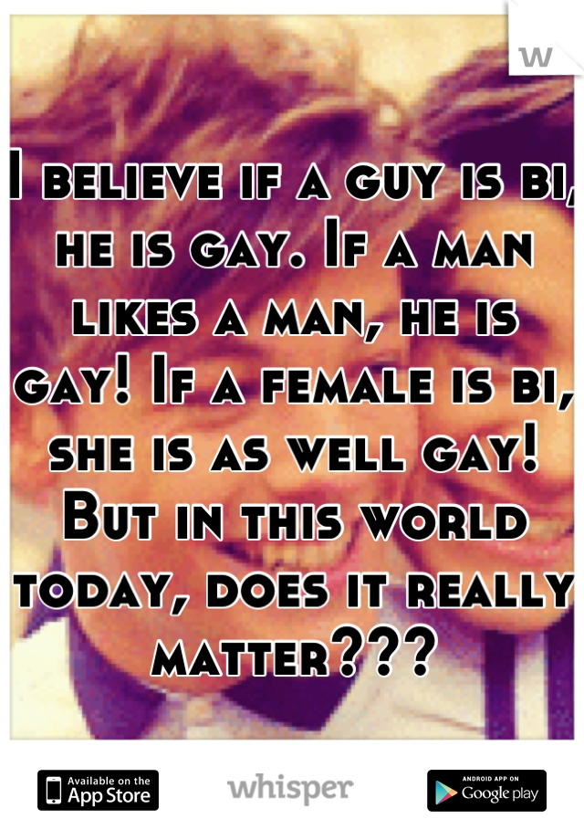 I believe if a guy is bi, he is gay. If a man likes a man, he is gay! If a female is bi, she is as well gay! But in this world today, does it really matter???