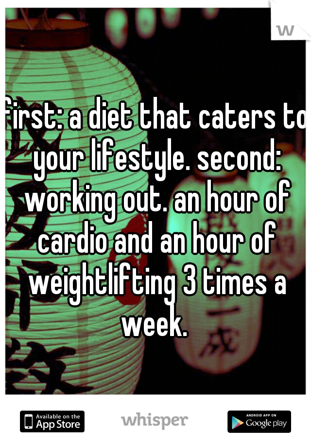first: a diet that caters to your lifestyle. second: working out. an hour of cardio and an hour of weightlifting 3 times a week. 