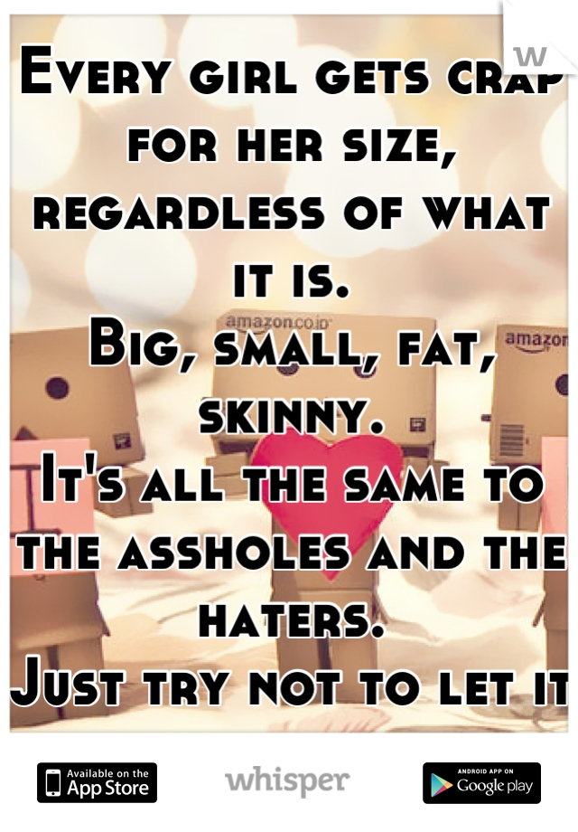 Every girl gets crap for her size, regardless of what it is. 
Big, small, fat, skinny. 
It's all the same to the assholes and the haters. 
Just try not to let it get to you. 