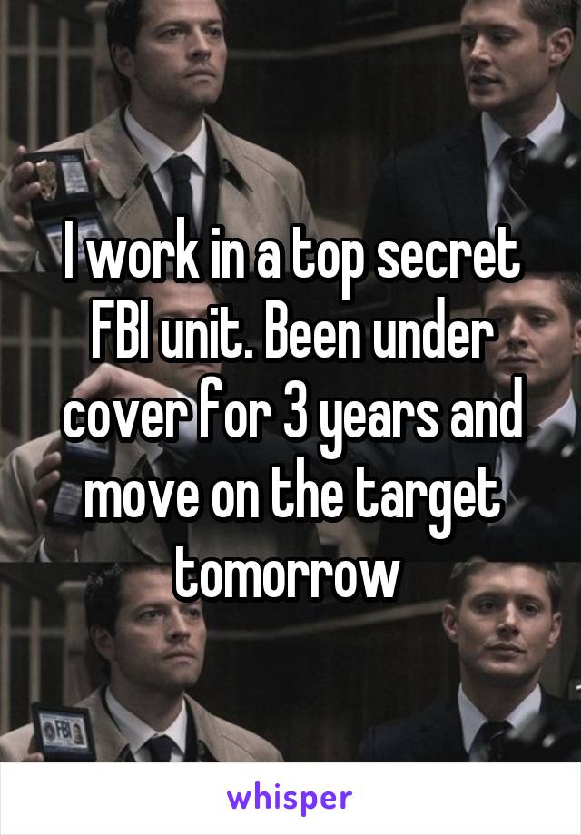 I work in a top secret FBI unit. Been under cover for 3 years and move on the target tomorrow 