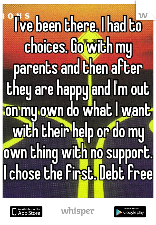 I've been there. I had to choices. Go with my parents and then after they are happy and I'm out on my own do what I want with their help or do my own thing with no support. I chose the first. Debt free