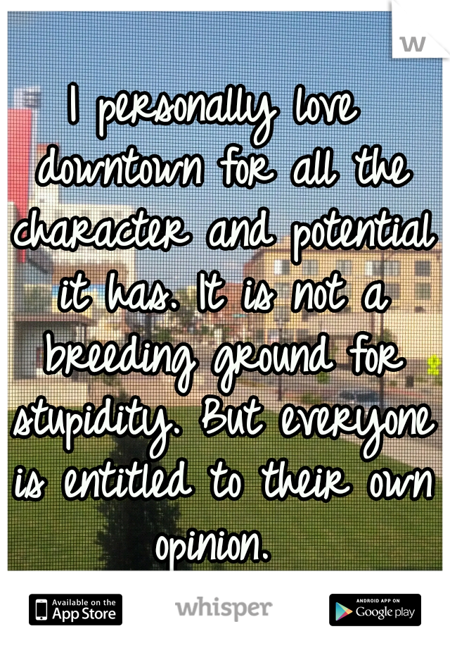 I personally love downtown for all the character and potential it has. It is not a breeding ground for stupidity. But everyone is entitled to their own opinion. 