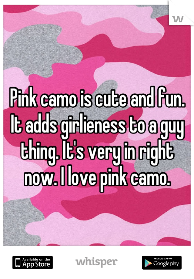 Pink camo is cute and fun. It adds girlieness to a guy thing. It's very in right now. I love pink camo.