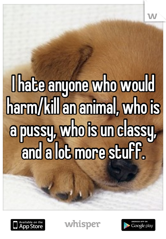 I hate anyone who would harm/kill an animal, who is a pussy, who is un classy, and a lot more stuff.