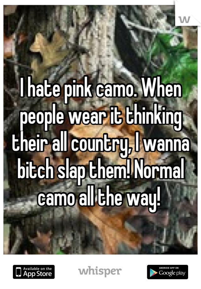 I hate pink camo. When people wear it thinking their all country, I wanna bitch slap them! Normal camo all the way! 