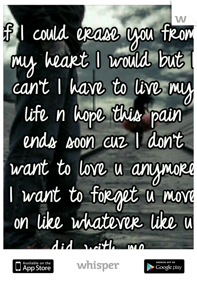 if I could erase you from my heart I would but I can't I have to live my life n hope this pain ends soon cuz I don't want to love u anymore I want to forget u move on like whatever like u did with me 