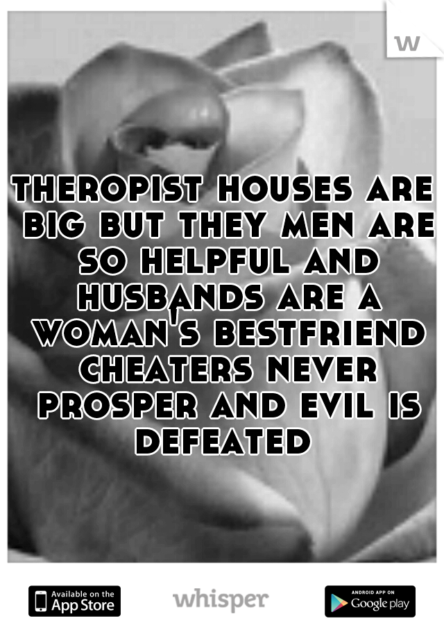 theropist houses are big but they men are so helpful and husbands are a woman's bestfriend cheaters never prosper and evil is defeated 