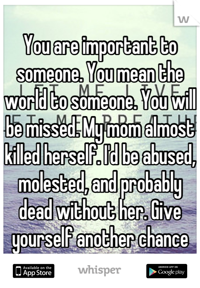 You are important to someone. You mean the world to someone. You will be missed. My mom almost killed herself. I'd be abused, molested, and probably dead without her. Give yourself another chance
