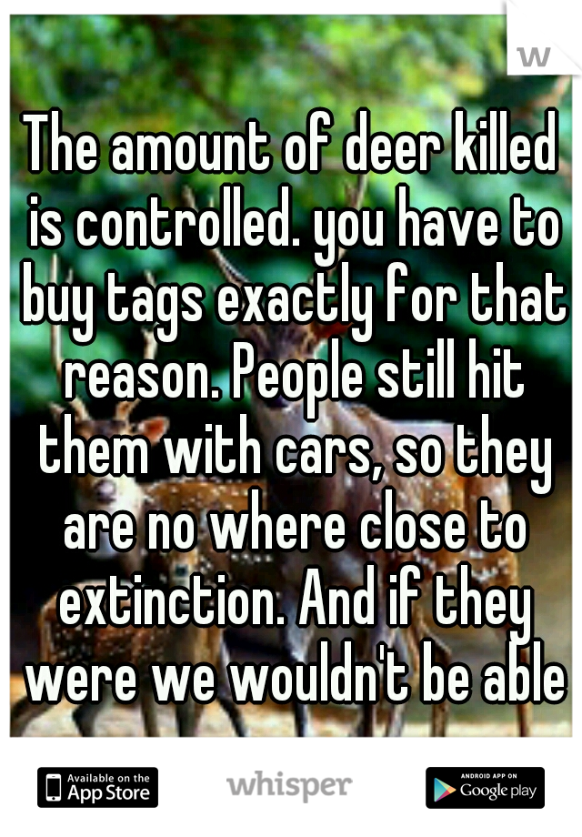 The amount of deer killed is controlled. you have to buy tags exactly for that reason. People still hit them with cars, so they are no where close to extinction. And if they were we wouldn't be able