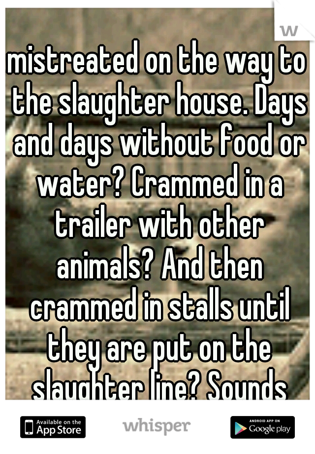 mistreated on the way to the slaughter house. Days and days without food or water? Crammed in a trailer with other animals? And then crammed in stalls until they are put on the slaughter line? Sounds