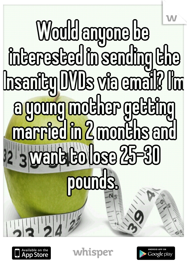 Would anyone be interested in sending the Insanity DVDs via email? I'm a young mother getting married in 2 months and want to lose 25-30 pounds. 