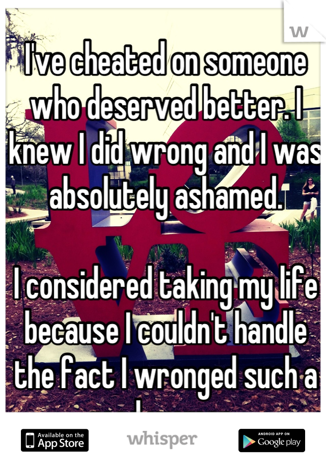 I've cheated on someone who deserved better. I knew I did wrong and I was absolutely ashamed.

I considered taking my life because I couldn't handle the fact I wronged such a good woman. 