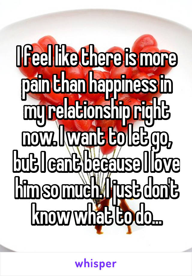 I feel like there is more pain than happiness in my relationship right now. I want to let go, but I cant because I love him so much. I just don't know what to do...