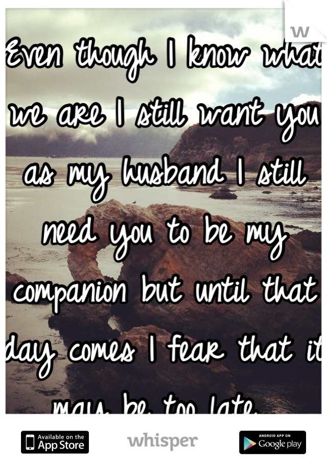 Even though I know what we are I still want you as my husband I still need you to be my companion but until that day comes I fear that it may be too late...