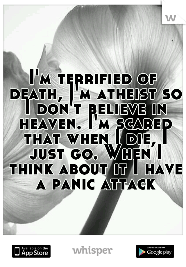 I'm terrified of death, I'm atheist so I don't believe in heaven. I'm scared that when I die, I just go. When I think about it I have a panic attack