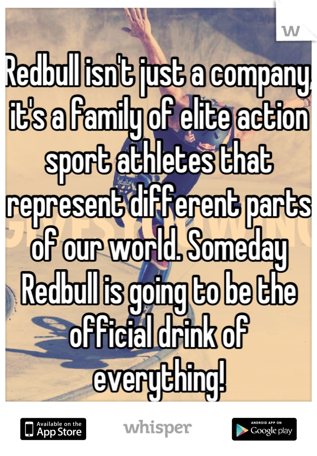 Redbull isn't just a company, it's a family of elite action sport athletes that represent different parts of our world. Someday Redbull is going to be the official drink of everything!