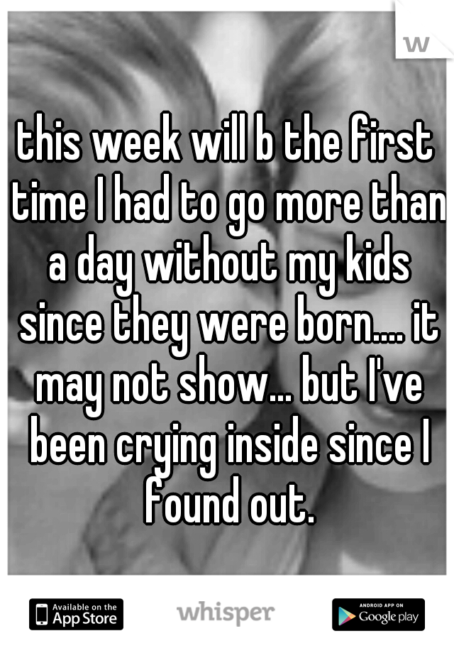 this week will b the first time I had to go more than a day without my kids since they were born.... it may not show... but I've been crying inside since I found out.