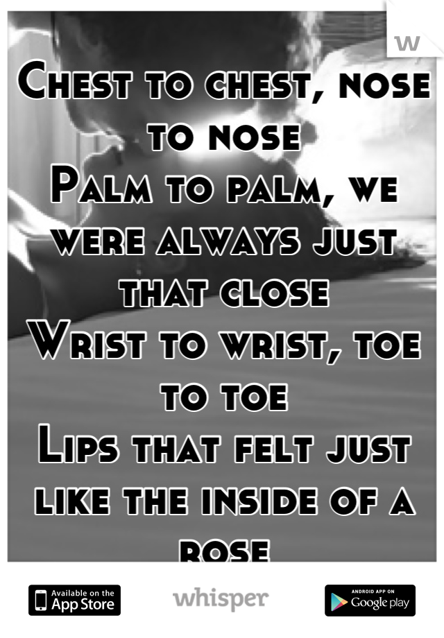 Chest to chest, nose to nose
Palm to palm, we were always just that close
Wrist to wrist, toe to toe
Lips that felt just like the inside of a rose