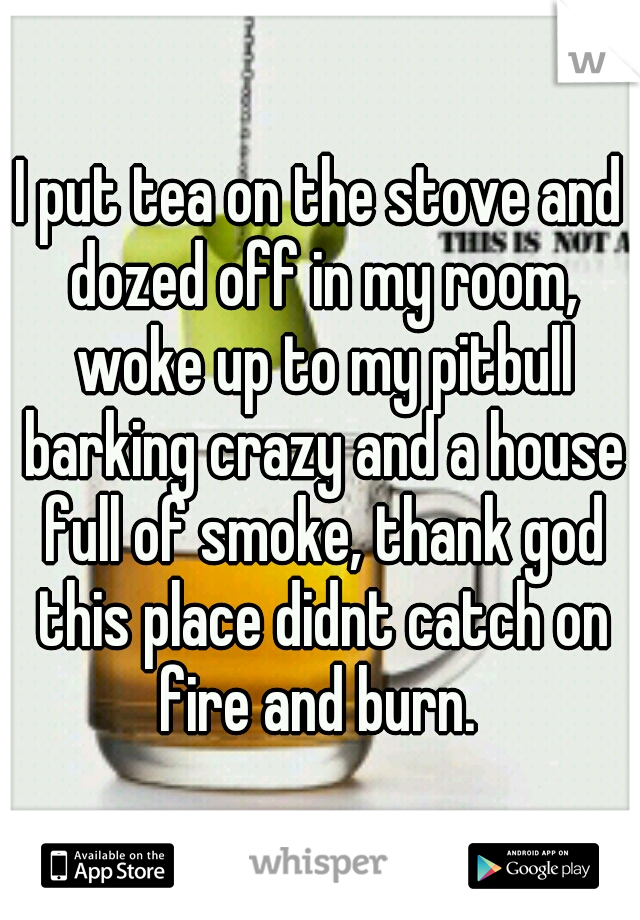 I put tea on the stove and dozed off in my room, woke up to my pitbull barking crazy and a house full of smoke, thank god this place didnt catch on fire and burn. 